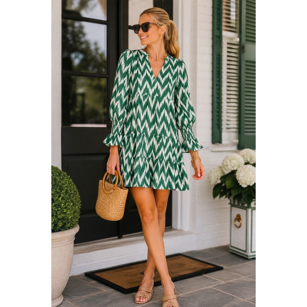 Tuckernuck Pomander Place Ikat Kenzo Green White Chevron Mini Dress $158 M